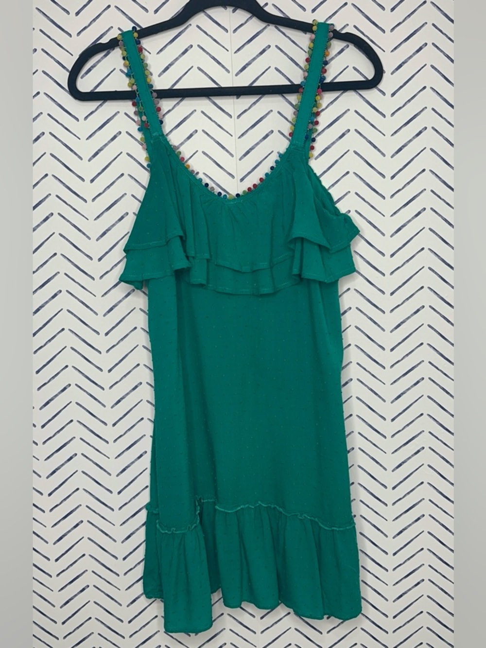 Francesca’s Swiss Dot Pom Pom Ruffled Mini Beach Dress sundress Size Small green - Picture 3 of 8